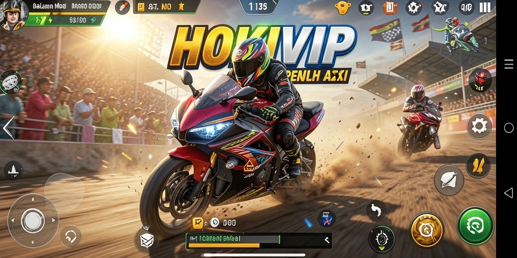 Screenshot gameplay HOKIVIP yang menampilkan balapan motor seru.