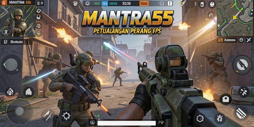 Screenshot utama MANTRA55 menampilkan gameplay FPS yang mendebarkan.